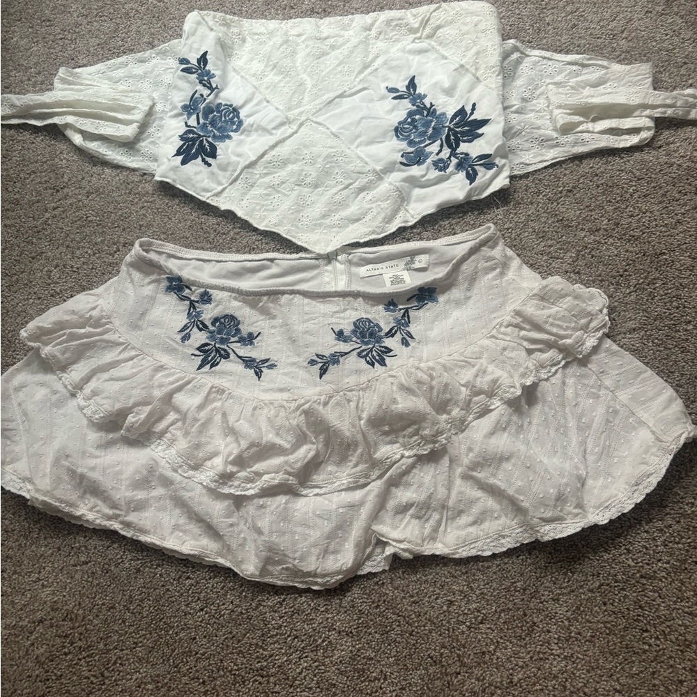 Altar'd State White Skirt with Blue Floral Design